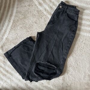 Black Distressed Wide Leg Jeans